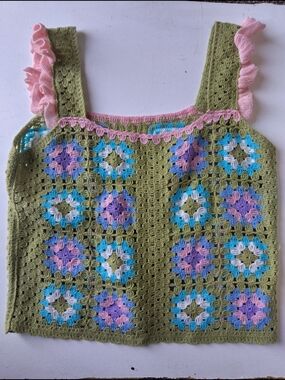 Handmade Olive Green Crochet Tank Top with Pink Trim